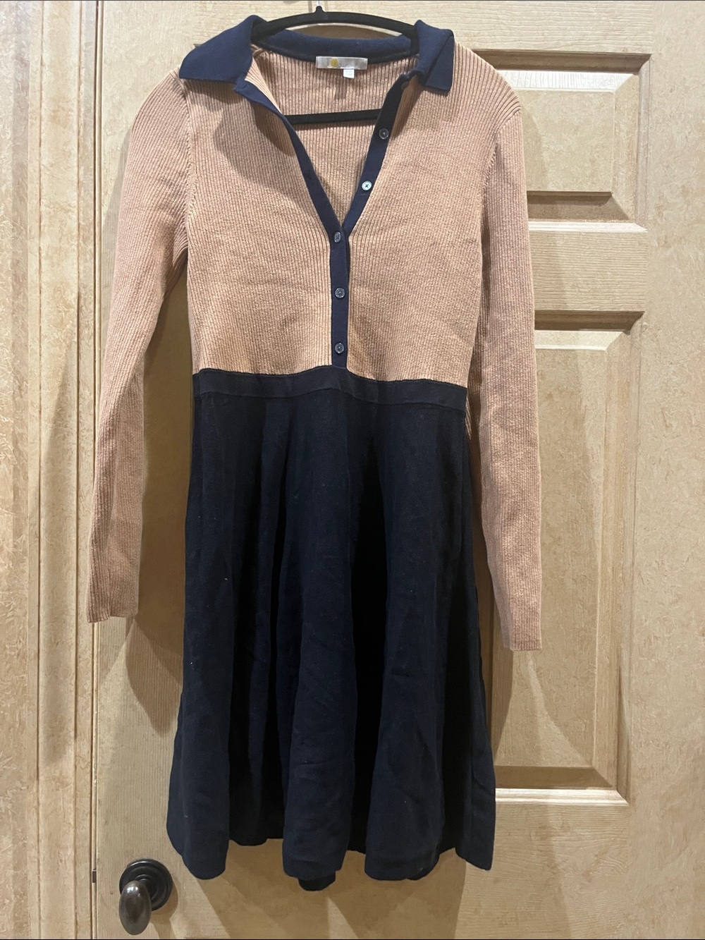 Boden Two-Tone Long Sleeve Polo Dress in Beige and Navy